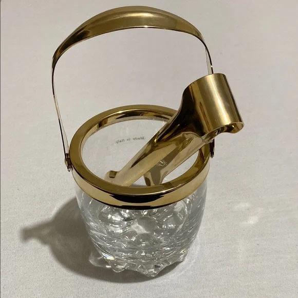 Small Crystal Ice Bucket with Gold Color Metal Trim and Ice Tong Made in Italy - Picture 6 of 10